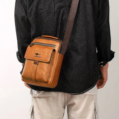 Men Multifunctional Leather Shoulder Bag Multi Pocket Crossbody Messenger Bag Business Travel Handbag with Top Handle Black