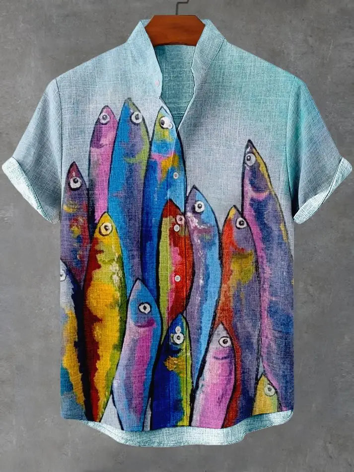 Summer Men's Casual Sea Life Graphic Short Sleeved Shirt Button Down Lapel Shirts Oversized Tops Casual Hawaiian Shirt for Men