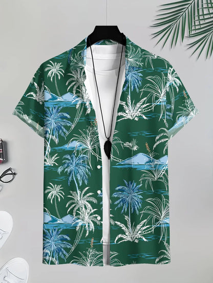 Men's Coconut Tree Graphic Print Short Sleeve Lapel Shirt Tops Men's Casual Button-Down Shirts for Summer Daily Wear Men Clothes