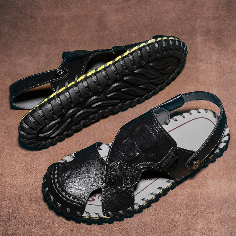 Handmade Men's Summer Sandals Genuine Leather Beach Rubber Flip Flops Classic Roman Male Sandals Outdoor Dual-Purpose Slippers