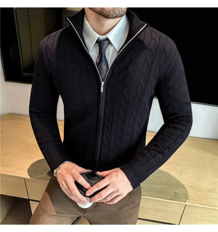 Men's Sweater Autumn Winter New Slim Fit Stand Collar Zipper Knitted Cardigan Fashion Solid Color Warm Stretch Knit Tops Coats