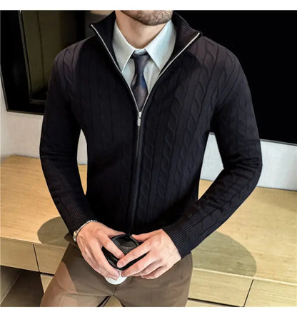Men's Sweater Autumn Winter New Slim Fit Stand Collar Zipper Knitted Cardigan Fashion Solid Color Warm Stretch Knit Tops Coats