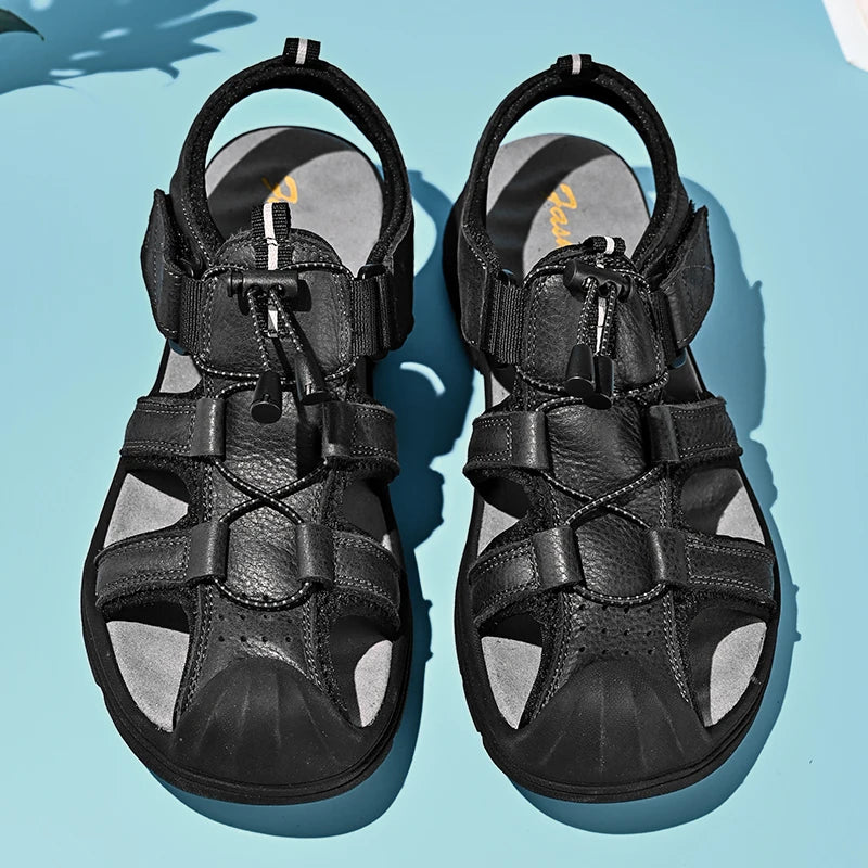 Genuine Leather Mens Water Beach Sandals Summer Closed Toe Sandals Non-slip Hiking Wading Sneakers Quick Dry Wading Aqua Shoes