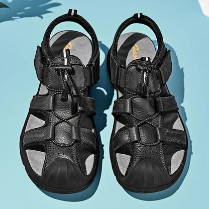 Genuine Leather Mens Water Beach Sandals Summer Closed Toe Sandals Non-slip Hiking Wading Sneakers Quick Dry Wading Aqua Shoes