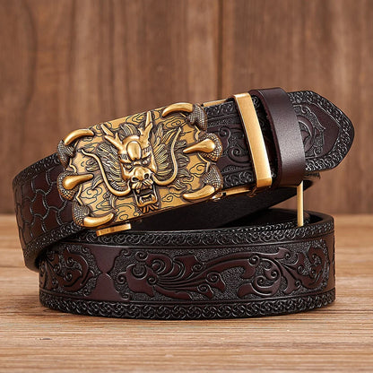 3.5cm Fashion Embossing Retro Male Belts for Men Business Split Leather Belt Dragon Pattern Automatic Buckle Strap