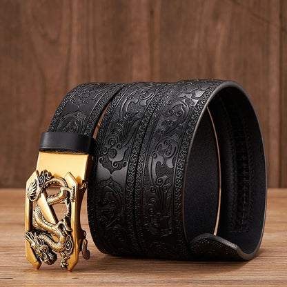 3.5cm Fashion Embossing Retro Male Belts for Men Business Split Leather Belt Dragon Pattern Automatic Buckle Strap