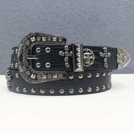 Cross skull Metal Rivet Cowboy Belt Genuine  Men Belt Punk Rivet Jeans Belts For Men Ceinture Homme Cinturones Hombre