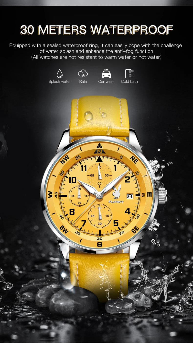 PLAYBOY Luxury Quartz Men's Watches Fashion Casual Leather Strap Sports Chronograph Wristwatch Original Waterproof Watches 3303
