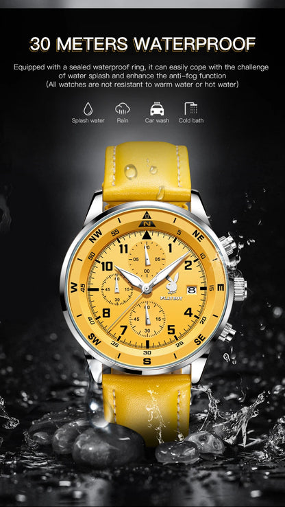 PLAYBOY Luxury Quartz Men's Watches Fashion Casual Leather Strap Sports Chronograph Wristwatch Original Waterproof Watches 3303
