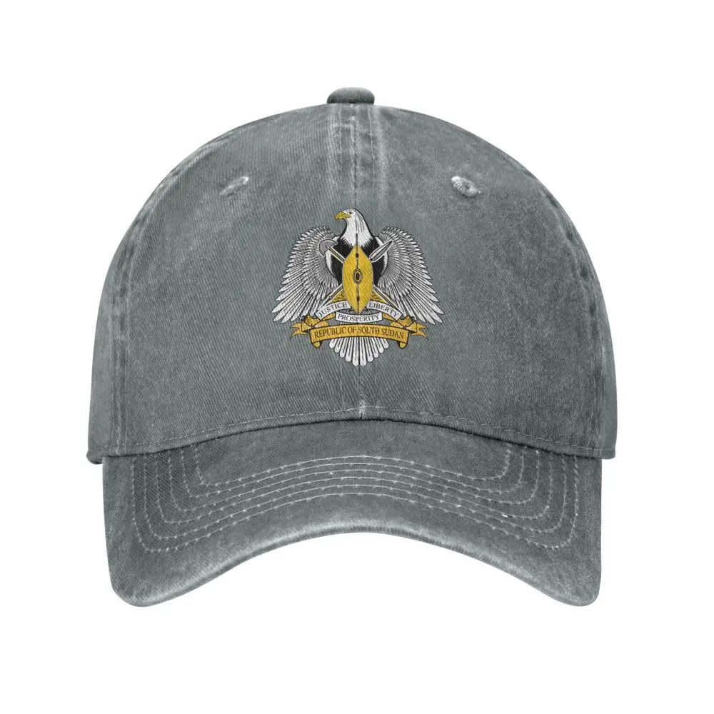Men Baseball Cap South Sudan Emblem Charcoal Washed Denim Classic Vintage Cotton Dad Trucker Hat Unisex Adult