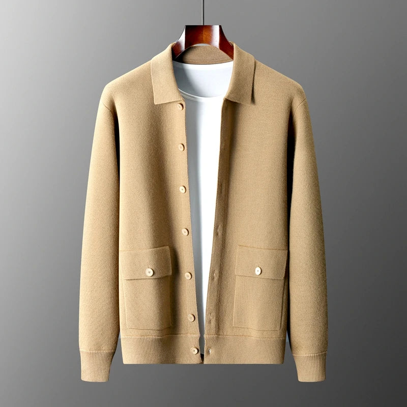 Autumn And Winter 100% Cashmere Cardigan Men's POLO Collar Coat Knitted Baseball Uniform Jacket Bottoming Wool Sweater