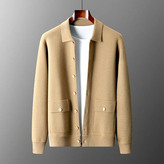 Autumn And Winter 100% Cashmere Cardigan Men's POLO Collar Coat Knitted Baseball Uniform Jacket Bottoming Wool Sweater