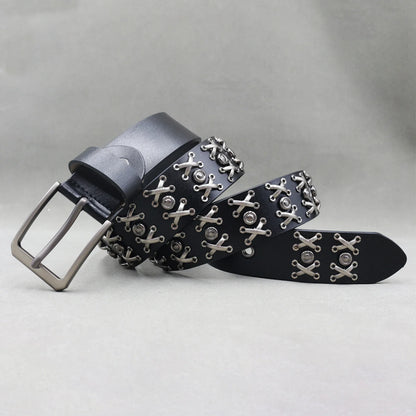 Designer Brand Belt Men Rivet Real Leather Pin Belt Male Black Rock Genuine Leather Cowhide Luxury Punk Belt Jeans