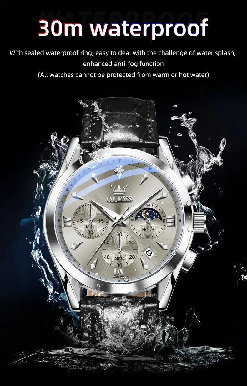 OLEVS 3609 Original Moon Phase Chronograph Watch for Men Leather Waterproof Luminous Luxury Quartz Mens Wristwatches Reloj Mujer