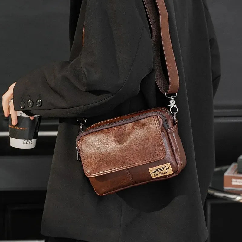 Vinatge Men's Crossbody Bag Soft PU Leather Shoulder Bag For Men Fashion Square Crossbody Messenger Bag Flap Zipper Satchels