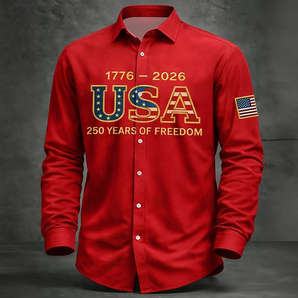 Men's Shirt Us Flag Freedom 250th Anniversary Trendy Retro 3D Print Top Autumn Long Sleeved Button up Spring Fall Holiday Shirts