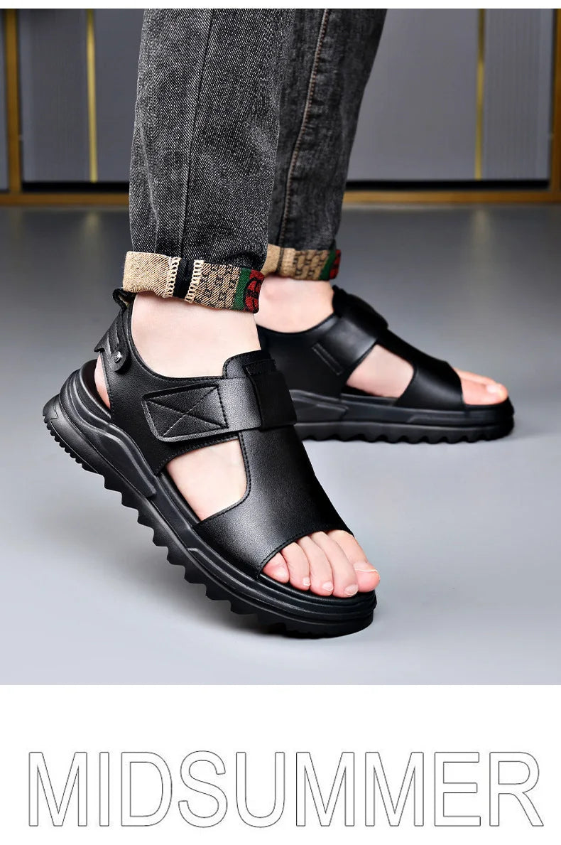 Cow Leather Men's Sandals 2026 Summer New Designer Soft Sole Fashion Casual Beach Shoes Male Black Platform Sandals Man