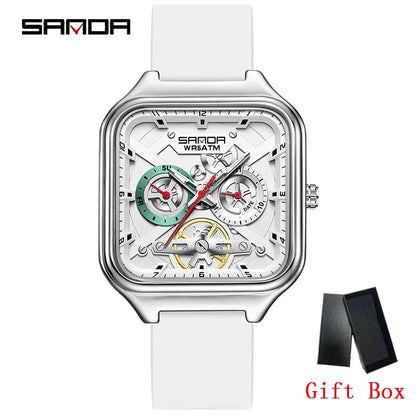 SANDA New Casual Men's Square Watches Fashion Hollow Skeleton Luminous 5ATM Waterproof Multifunction Chronograph Quartz Watch
