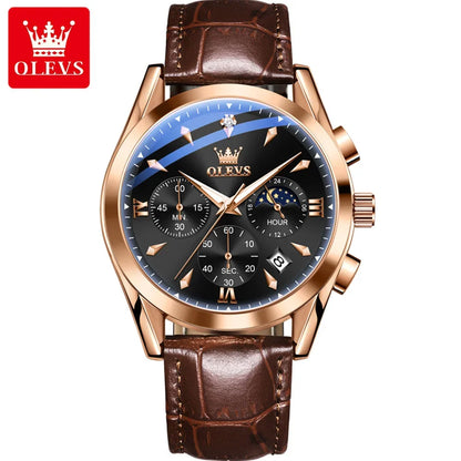 OLEVS 3609 Original Moon Phase Chronograph Watch for Men Leather Waterproof Luminous Luxury Quartz Mens Wristwatches Reloj Mujer