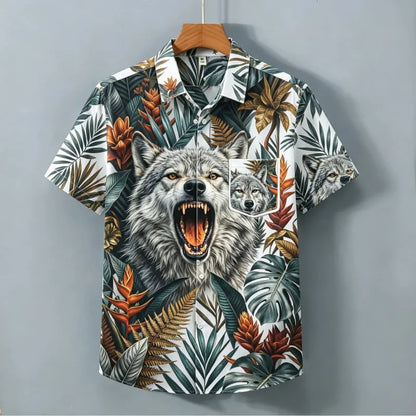 Men's Domineering Wolf Head Printed Short Sleeved Shirt with Wild Style and Personality Suitable for Street Shirts