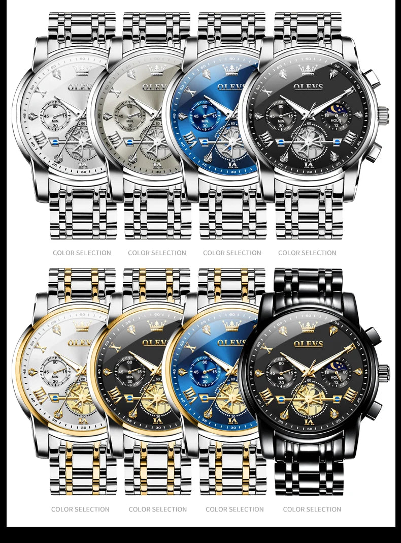OLEVS Men's Watches Classic Multifunctional Flywheel Chronograph Original Quartz Wristwatch Moon Phase 24 Hour Waterproof Reloj