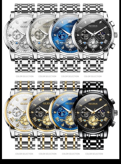 OLEVS Men's Watches Classic Multifunctional Flywheel Chronograph Original Quartz Wristwatch Moon Phase 24 Hour Waterproof Reloj