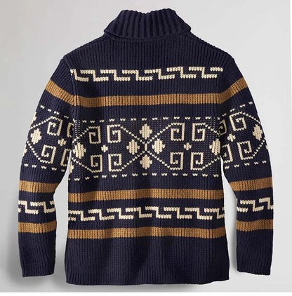 Men's Geometric Knit Cardigan Shawl Collar Full Zip-Up Tribal Print Sweater Chunky Ribbed Knit Vintage Navajo-Inspired Jacket