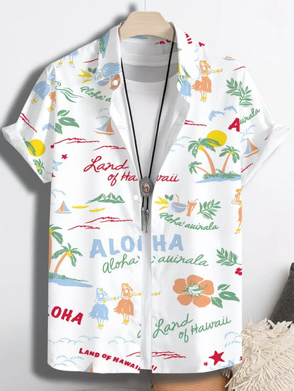Men's Coconut Tree Graphic Print Short Sleeve Lapel Shirt Tops Men's Casual Button-Down Shirts for Summer Daily Wear Men Clothes