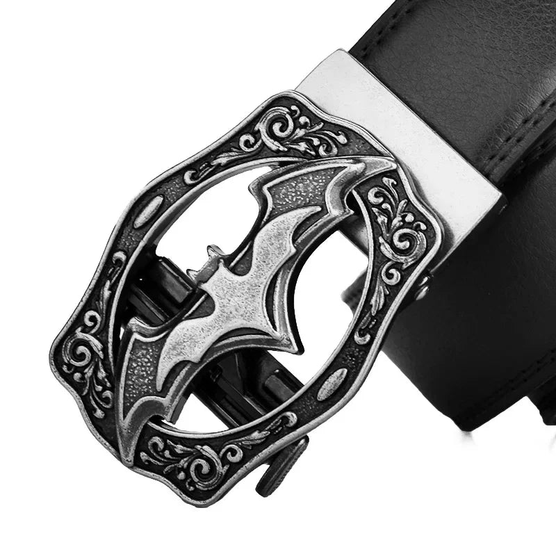 Men's Vintage Bat Pattern Genuine Leather Belt, Silver Gold Automatic Buckle, Plus Size 130 140 150 160 170cm Casual Waistband