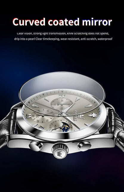 OLEVS 3609 Original Moon Phase Chronograph Watch for Men Leather Waterproof Luminous Luxury Quartz Mens Wristwatches Reloj Mujer
