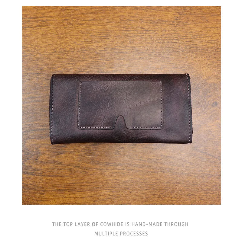 Genuine Leather Retro Men Handmade Wallet Handbag High Quality Phone Pocket Simple Card Bag Big Capacity Male Purses
