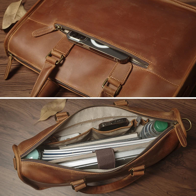 NUKA Men's Executive Briefcase High Quality Real Leather Business Handbag Retro Original Cowhide Shoulder Bag For 15 Inch Laptop