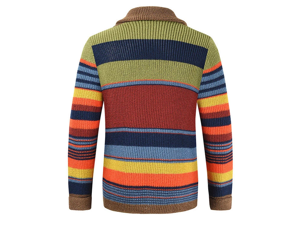 Winter Men's Rainbow Sweaters Cardigan Fashion Man Warm Knitted Sweaters Coats Man Lapel Windbreaker Knitted Jackets Clothing