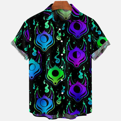Summer New Retro Men's Shirt Devil Horror Skull Short Sleeve Shirt Collar 3D Printing