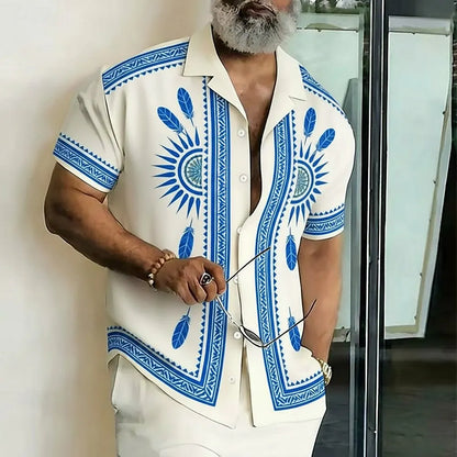 Men's Fashion Streetwear Ethnic Shirt, Geometric Sun Totem 3D Print Collar Short Sleeve, Spring & Summer Vacation Outfits