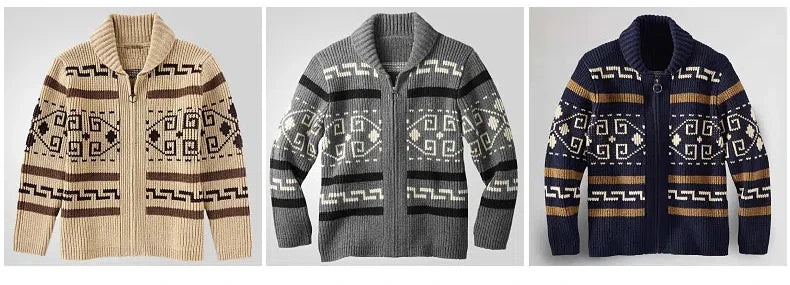 Men's Geometric Knit Cardigan Shawl Collar Full Zip-Up Tribal Print Sweater Chunky Ribbed Knit Vintage Navajo-Inspired Jacket