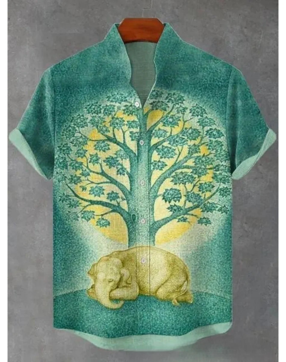 New Retro Men's Ethnic Elephant Pattern Print Lapel Shirt, Fashion Casual Short Sleeve Linen Neuheiten in Oberteile Und T-shirts