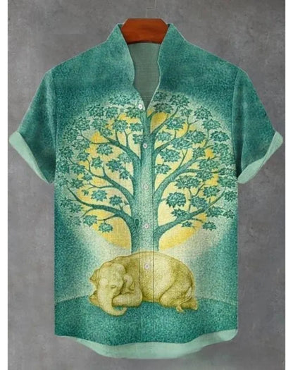 New Retro Men's Ethnic Elephant Pattern Print Lapel Shirt, Fashion Casual Short Sleeve Linen Neuheiten in Oberteile Und T-shirts