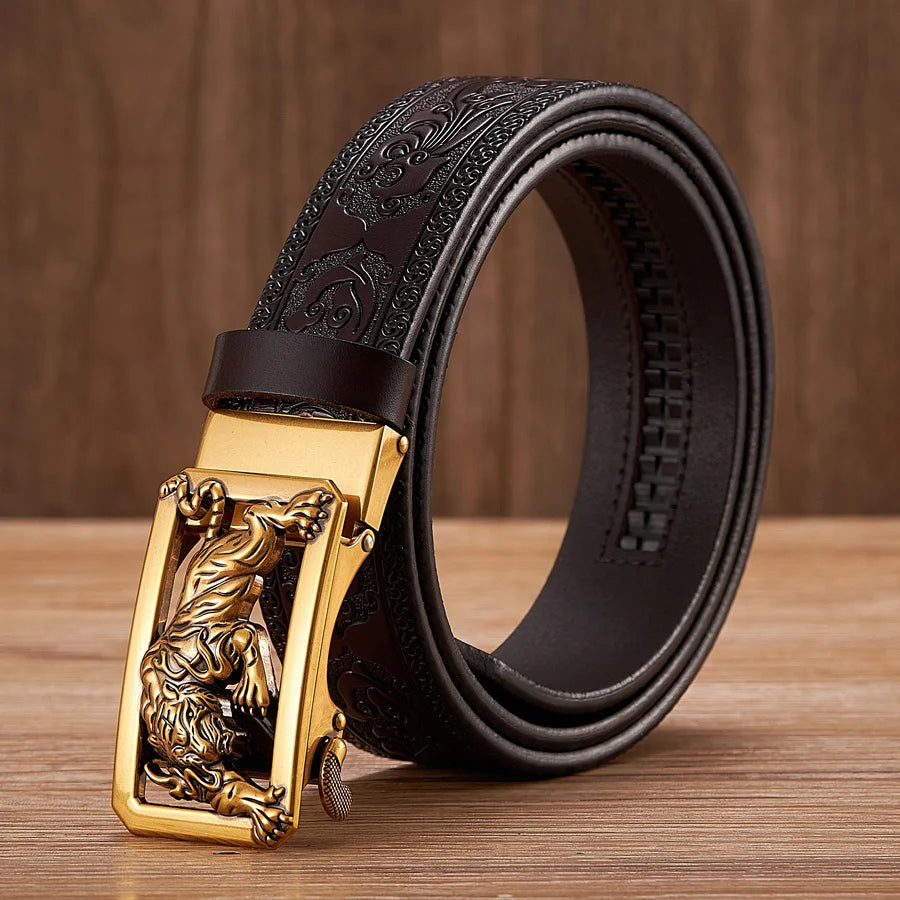 3.5cm Fashion Embossing Retro Male Belts for Men Business Split Leather Belt Dragon Pattern Automatic Buckle Strap