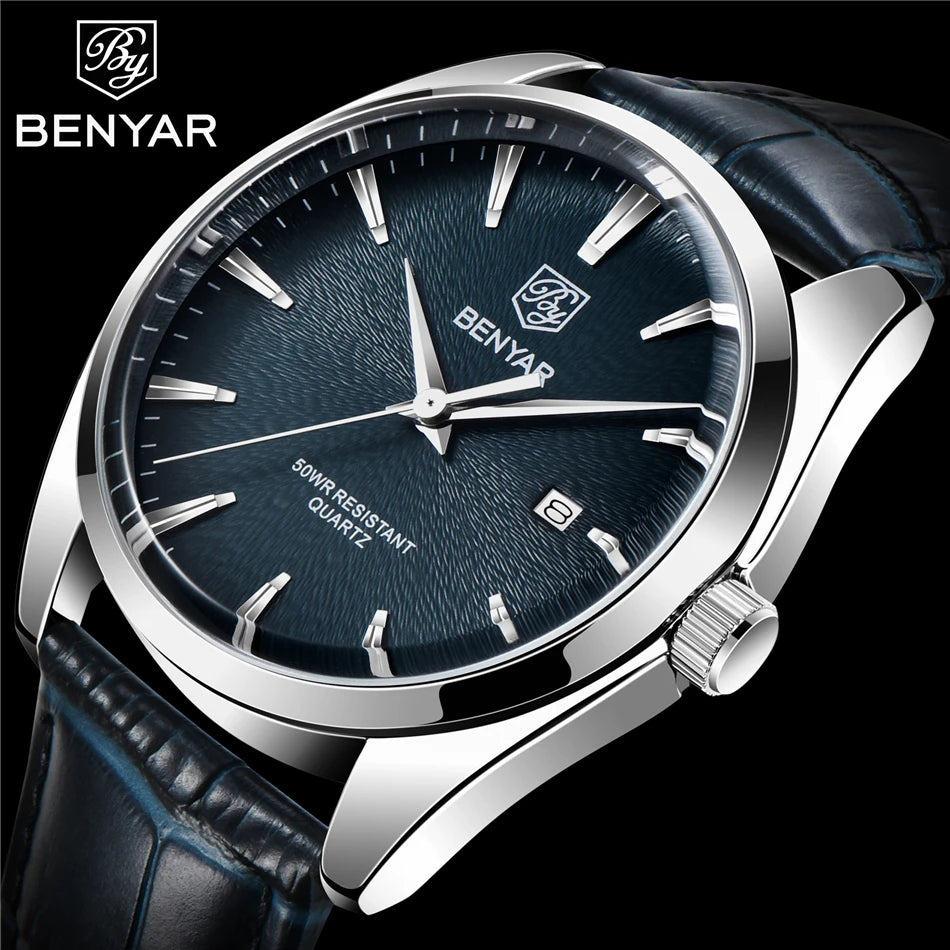 Benyar 5163 Top Brand Luxury Military Wristwatches Leather Quartz Watches Waterproof Simple Watch for Men Reloj Hombre
