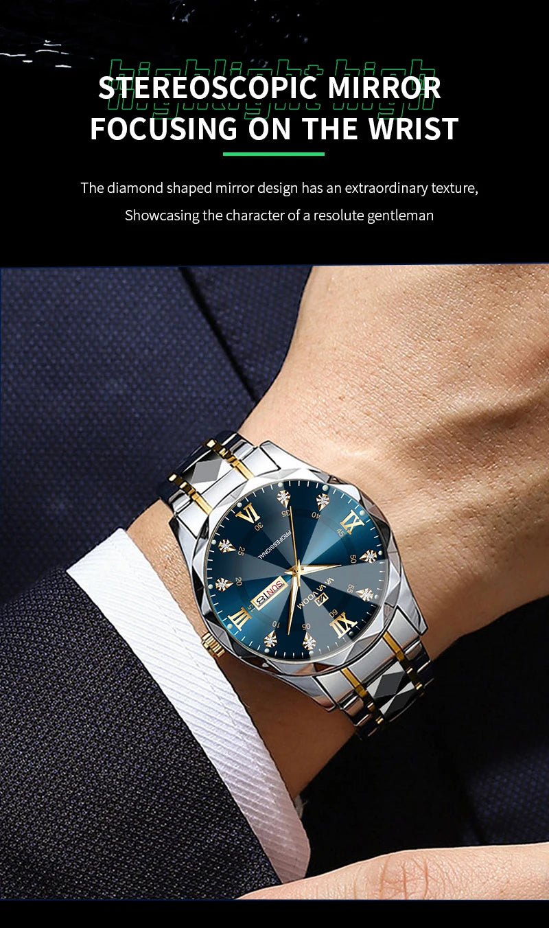 VA VA VOOM Hot Selling Original Blue Gold Creative Design Classic Hot selling Quartz Watch Men Fashion High Quality Rhombus Design Fashion Business Japanese Movement Gold Stainless Steel Fashion Clock Sports Watch for Men Gif