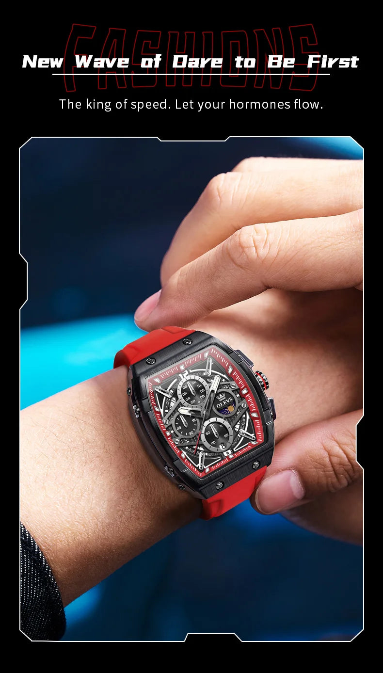 OLEVS 2975 Men's Watches Hollowed Quartz Wristwatch Silicone Strap Tonneau Large Dial Design Waterproof Luminous Watch for Men