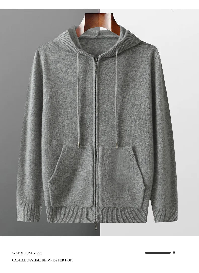 Autumn And Winter Men's 100% Pure Wool Cardigan Warm Zipper Hooded Casual Knitted Cashmere Coat
