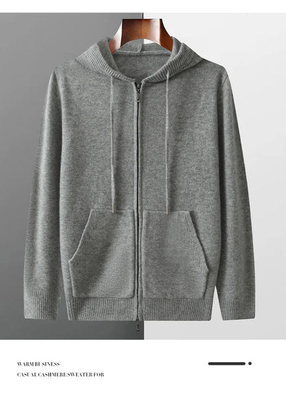 Autumn And Winter Men's 100% Pure Wool Cardigan Warm Zipper Hooded Casual Knitted Cashmere Coat