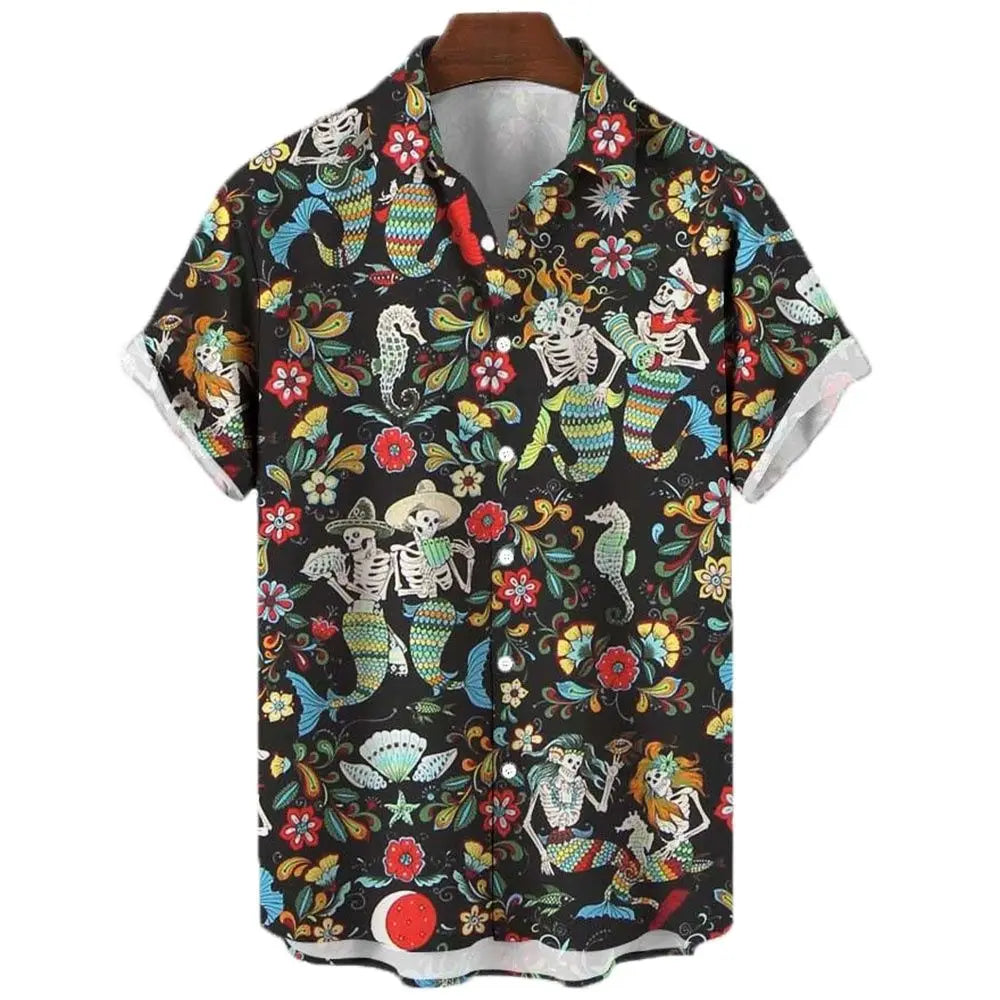 Men's Shirt Sailing Skull Print Shirts Hawaiian Fashion Casual Rock Print Plus Size Tops 2023 New Beach Men's Clothing Shirt
