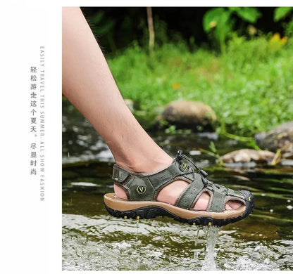 2026 New Men's Sandals Handmade Thick Bottom Rubber Breathable Casual Slip-On Beach Shoes Leather Upgraded Version