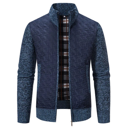 Mens Sweaters Jacket Full Zip Fleeced Sweater Cardigan Plaid Stand Collar Sweaters Coat Autumn Winter Homme Clothes