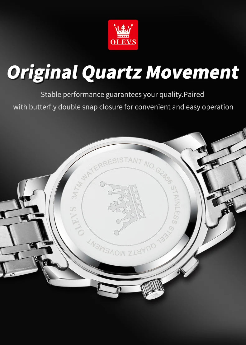 OLEVS Men's Watches Classic Multifunctional Flywheel Chronograph Original Quartz Wristwatch Moon Phase 24 Hour Waterproof Reloj