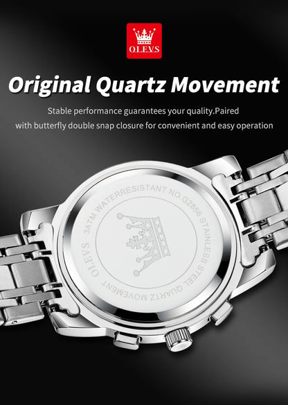 OLEVS Men's Watches Classic Multifunctional Flywheel Chronograph Original Quartz Wristwatch Moon Phase 24 Hour Waterproof Reloj