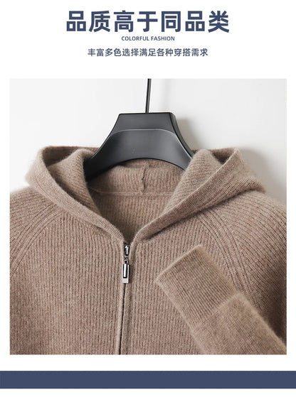 Men 100% Merino Wool Sweater Hooded Zipper Cardigan Autumn Winter Thickened Knit Large-size Jacket Long Sleeved Sportswear Coat